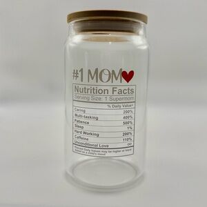 #1 MOM Glass Jar Tumbler with Bamboo Lid, 16 oz